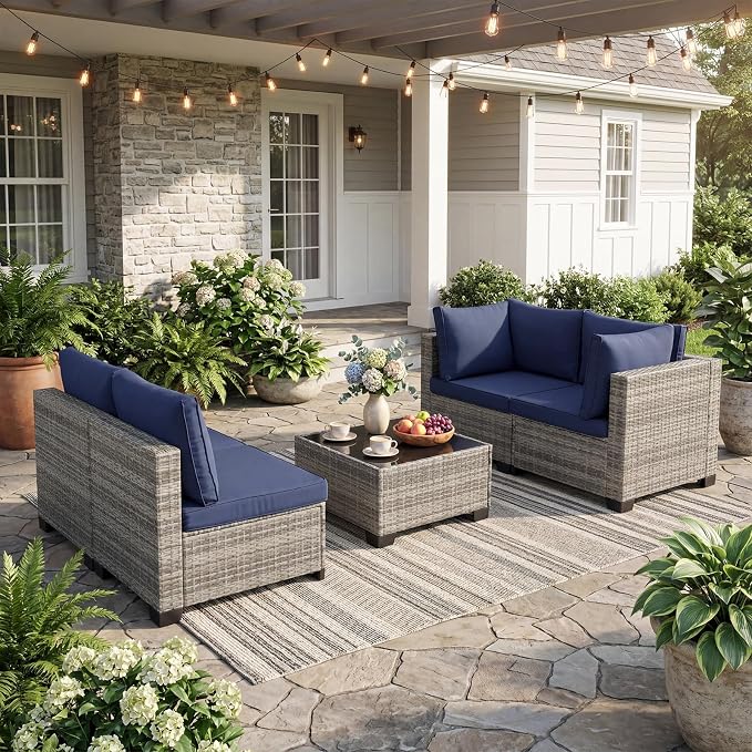 ANJ 5 Piece Outdoor Wicker Patio Furniture Set, Modular Loveseat Sofa with with Glass Top Coffee Table, All-Weather Rattan Conversation Couch Set for Balcony, Backyard, Light Grey Wicker-Blue