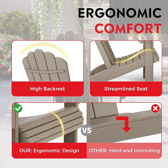 Costaelm Lakeview 4-Piece Outdoor Patio HDPE Adirondack Chairs with Ottomans and Cup Holder Set, Weathered Wood