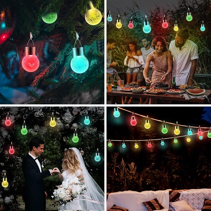 12 Pack Hanging Solar Lights Outdoor Decorative, Waterproof Solar Globe Lantern with Handle and Clip, Solar Powered Cracked Glass Ball Lights for Garden Yard Patio, Fence Tree Umbrella, Holiday Décor