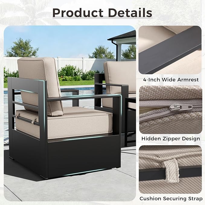 Outdoor Patio Furniture Aluminum Patio Sofa, All-Weather Metal Outdoor Couch with 6 Inch Thick Cushions for Garden, Outside and Porch (Beige, 1 PCS/Sofa)
