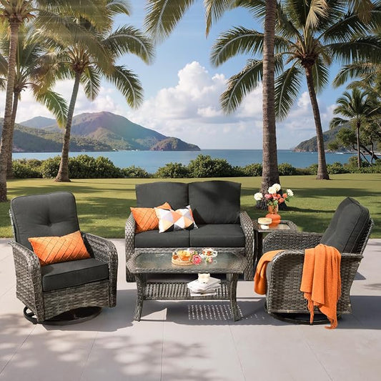 5-Piece Outdoor Patio Furniture Set with Swivel Chairs, Outdoor Conversation Wicker Sofa with Coffee Table, Rattan Couch for Deck Yard Poolside, Black