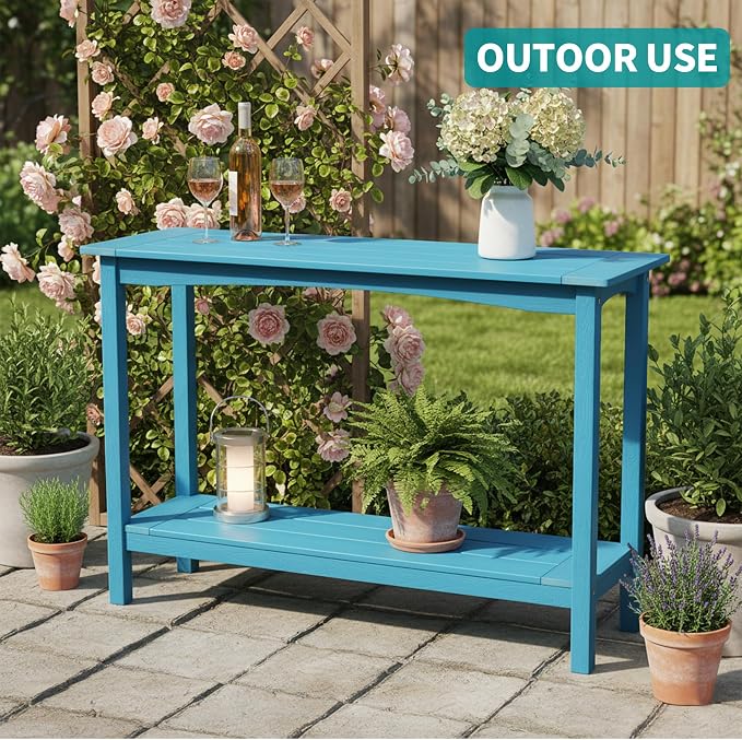 Outdoor Console Table, All-Weather 2-Tier Patio Console Table, Outside Plant Stand Table, Low Maintenance, Never Rot or Fade, HIPS Table for Indoor, Backyard, Garden, Entryway, Light Blue