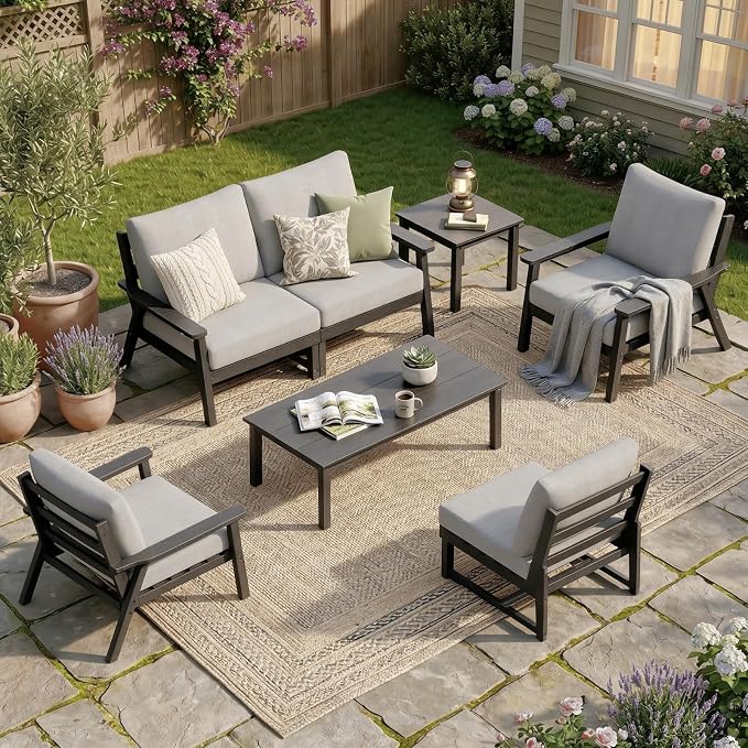 LOUNZY HDPE Outdoor Furinture Set, 7 Piece Sectional Sofa Patio Furniture Set, All Weather Outdoor Couch Set Patio Furniture Set for Deck, Lawn, Black