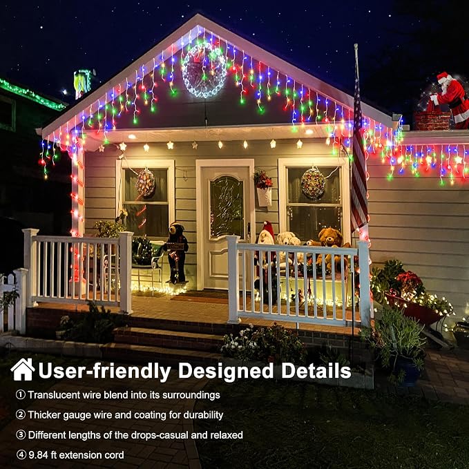 Colored Christmas Lights Outdoor, 33ft 400 LED Icicle Lights for Outside | Connectable Clear Wire 8 Modes Timer Plug in Waterproof for House Home Holiday Eaves Yard Party Room Indoor Decorations