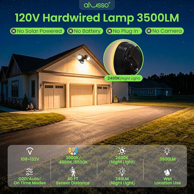 ALUSSO Motion Sensor Outdoor Lights , 30W 3500LM Flood Lights Outdoor 120V | Night Light 2400K/3000K/4000K/6500K 3 Modes (Dusk to Dawn/Auto/On Time), Waterproof Hardwired Security Light ETL Listed, 1PC