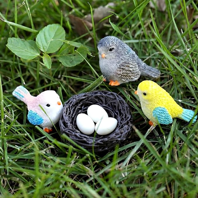 Fairy Garden Accessories, 7 Pieces Birds Resin Figures with Bird's Nest Mushroom, Handmade Miniature Decor, Garden Miniatures Home Outdoor Decors, Perfect DIY Gift