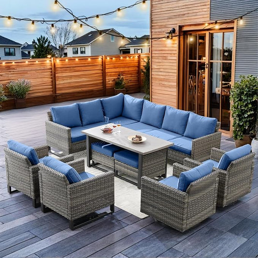 HUMMUH 9 Piece Patio Furniture PE Wicker 6-Seater Outdoor Sectional Sofa with Dinning Table Patio Swivel Chairs and Outdoor Chairs for Porch,Garden,Backyard,Deck