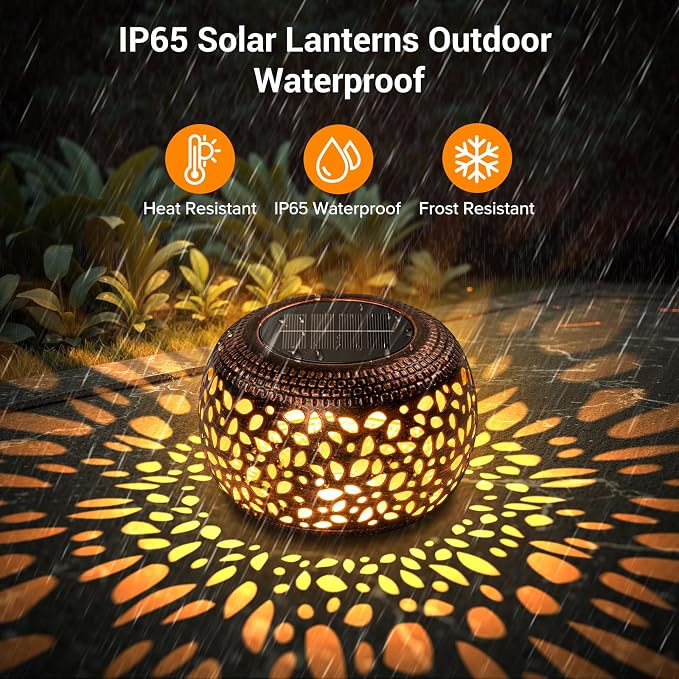 Solar Lanterns Outdoor Waterproof: 2 Pack Hollowed-Out Retro Metal Lantern Lights - Solar Lantern Decorative - Gifts for Women Mother's Day, Outside Garden Yard Patio & Indoor Tabletop Decor