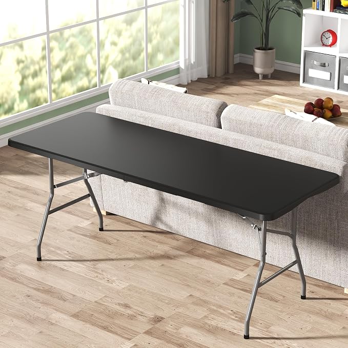 6PK Black Folding Table, 6FT Portable Plastic Folding Table, Foldable Dining Tables with Carrying Handle for Party, Picnic, Camping, Easy to Fold and Storage, for Indoor or Outdoor Use