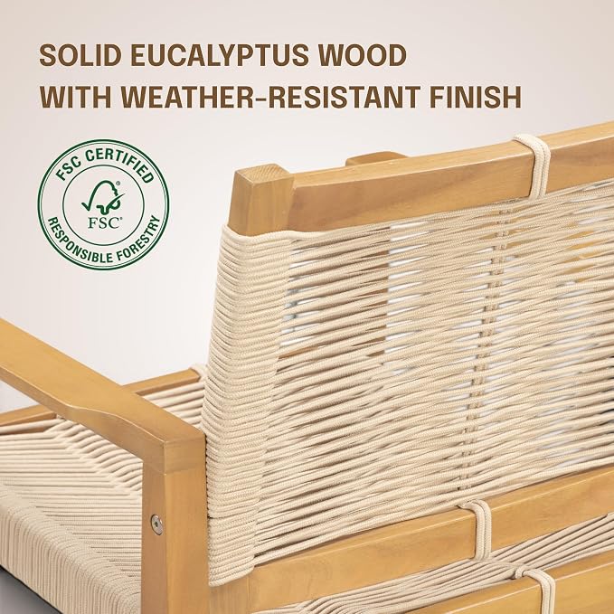 NTC Luno 8 Pieces Solid Wood Lounge Armchairs with Handwoven Rope Seat & Back, Indoor & Outdoor Wooden Chairs for Patio Dining Sets, Modern Patio Lounge Chairs, Easy Assembly, Natural