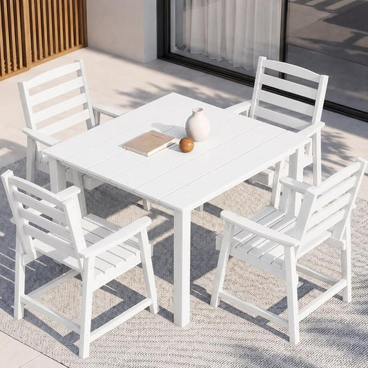 HDPE Outdoor Dining Set for 4, Armchairs, White | All-Weather HDPE, Wood Grain Finish, 42.5" Square Table, Built-In Umbrella Hole, Seats 4, Patio & Poolside Ready