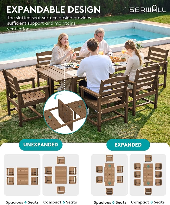SERWALL 10-Piece Patio Dining Sets with 15FT Patio Umbrella, Brown | 60" - 83" Expandable Outdoor Dining Table and 8 HDPE Chairs, All Weather HDPE Outdoor Furniture Set