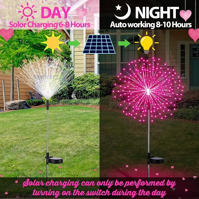 Tujoe 6 Pack Pink Solar Firework Lights 180 LED 8 Lighting Modes Waterproof Outdoor Decorative Solar Lights for Wedding Valentine Birthday Garden Patio Yard Pathway Walkway Lawn Decor
