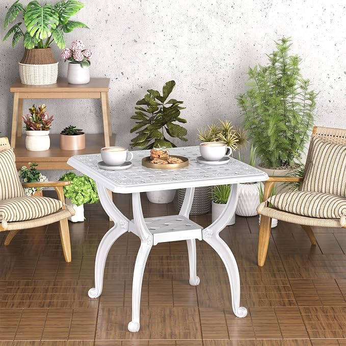 21" Patio Bistro Table, Cast Aluminum Table, Outdoor Table for Garden/Yard/Pool/Porch, White
