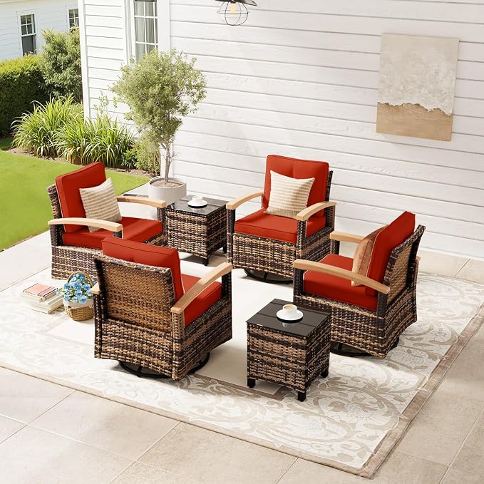 MEISSALIVVE 6 Pieces Patio Furniture Sets, Wicker Patio Conversation Sets with 4 Wood Armrests Swivel Glide Chairs，Outdoor Conversation Set for Deck Yard and Poolside (Red)