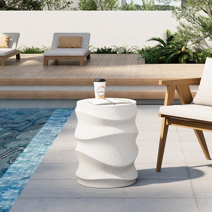HOMPUS Outdoor Side Table Set of 2, Patio End Table w Water Wave, Unique MgO Lightweight Concrete Accent Table, Modern Vintage Garden Tool for Indoor Outdoor Use, Warm White