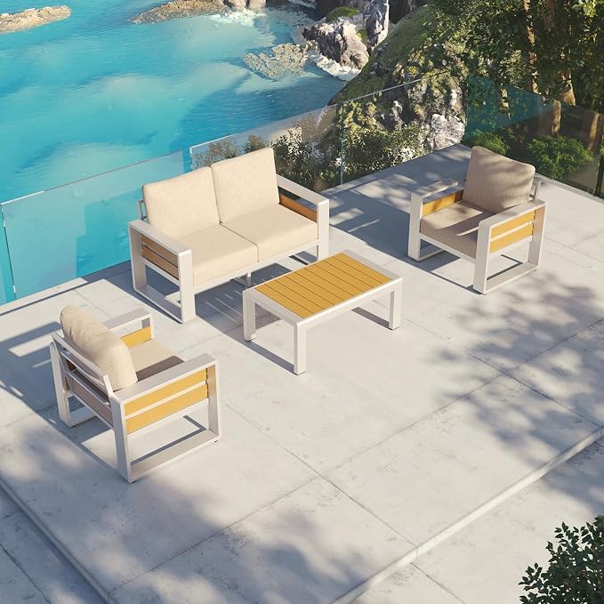 Aoxun Aluminum Outdoor Patio Furniture Set, 2 Seats Metal Sectional Patio Furniture, Modern Outside Sectional Set for Backyard, Armchair ×2, Sliver & Beige