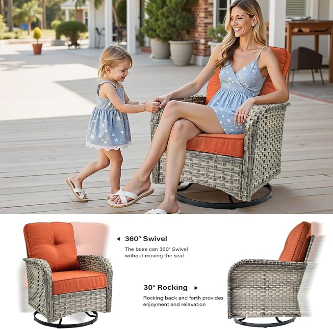 9 Pieces Outdoor Sectional Patio Furniture Set with 42" Fire Pit,Conversation Sets Rattan Wicker L Shaped Couch Swivel Rocking Chairs,Modular Outdoor Sofa for Porch Balcony Backyard Orange