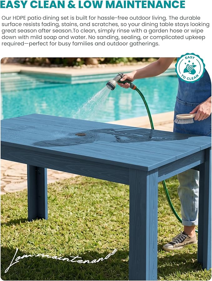 SERWALL 59" HDPE Outdoor Dining Set for 6, w/ 1 Table & 6 Armchairs, Blue | All Weather Resistant HDPE Dining Sets for Patio, Garden, Backyard