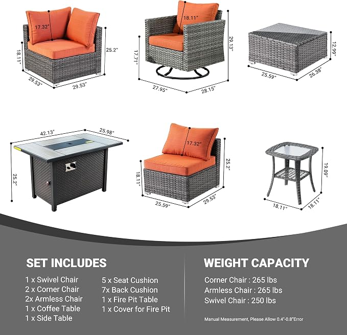 Weaxty 8 Piece Outdoor Sectional with Fire Pit Table, All Weather Wicker Patio Furniture Set with Swivel Rocker Chair Coffee Table, Thick Cushion Couch Conversation Sets for Garden Deck Backyard Red