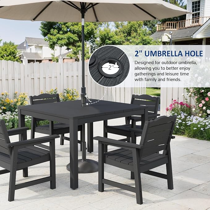 5-Piece Patio Dining Sets, Outdoor Dining Table w/Aluminum Frame and 4 Chairs, Weatherproof HIPS Dining Furniture Set with Umbrella Hole, for Backyard, Garden, Lawn, and Poolside, Black