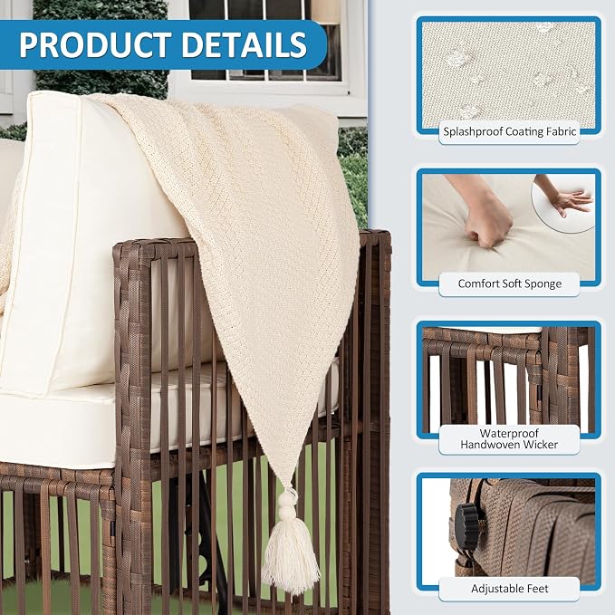 FHFO 7 Piece Outdoor Wicker Patio Furniture Set, Brown/Beige | Sectional Sofa | All-Weather Hand-Woven Rattan | Tempered Glass Coffee Table | Adjustable Backrest | Indoor & Outdoor Use