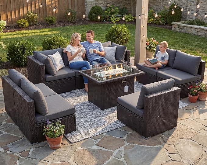 NICESOUL 9 Piece Extra Large Outdoor Patio Furniture Set with Fire Pit Natural Gas/Propane, 29.3 High Back Modular Sectional Couch Sets, Deep Seat Conversation Set, Brown Rattan and Dark Grey Cushion