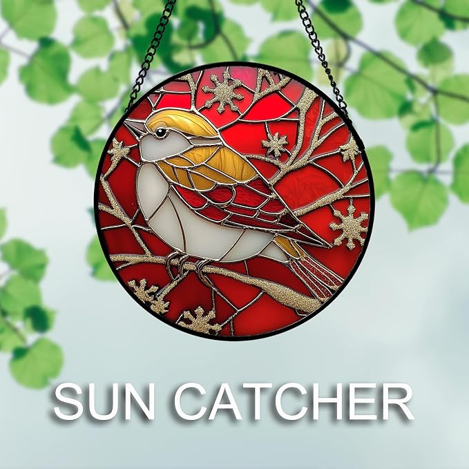 DASTOLL Stained Glass Window Hanging 4 Pcs Set Red Christmas Themed Decorations Large 11.8" - Suncatcher Door Garden Sun Catcher Decor Birthday New Year for Mom Woman Nana Men