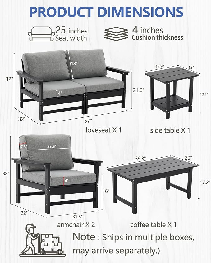 HDPE Outdoor Patio Furniture Set, 6-Piece Sofa Set with Loveseat Couch, 2 Armchairs,Side Table & Coffee Table, Weatherproof Conversation Set with Cushions,for Garden, Porch & Backyard