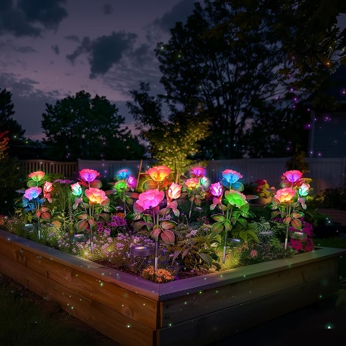 Rose Lights Solar Powered for Women: Garden Light Waterproof for Yard Decorations Outdoor - Flower Lamp Colorful Lighting Cemetery Decor - Mother'S Day Birthday Gifts for Mom Wife 2 Pack Colorful