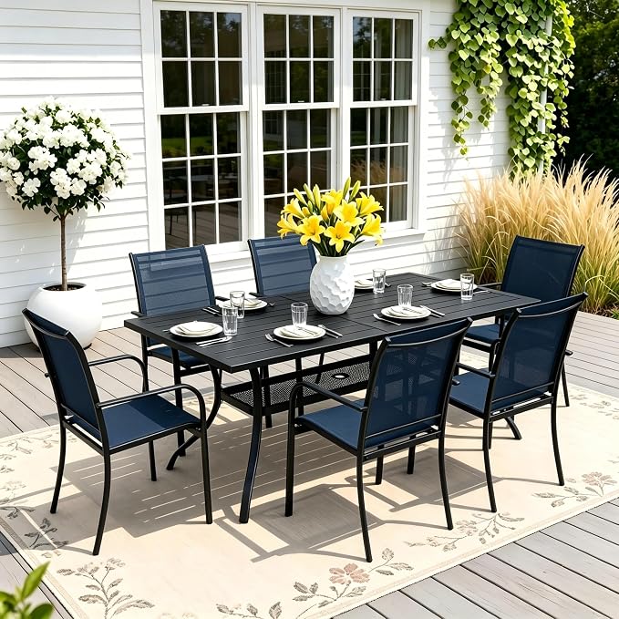 Crownland 7 Piece Patio Dining Set, Outdoor Textilene Dining Sets, 6 Textilene Metal Chairs and Rectangular Outdoor Dining Table with 1.57" Umbrella Hole (Blue)