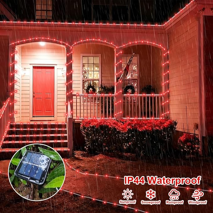 QITONG Red Solar Halloween Lights, 66ft 200 LED Solar Rope Lights Outdoor, 8 Modes Fairy Lights in Clear Thin Tube