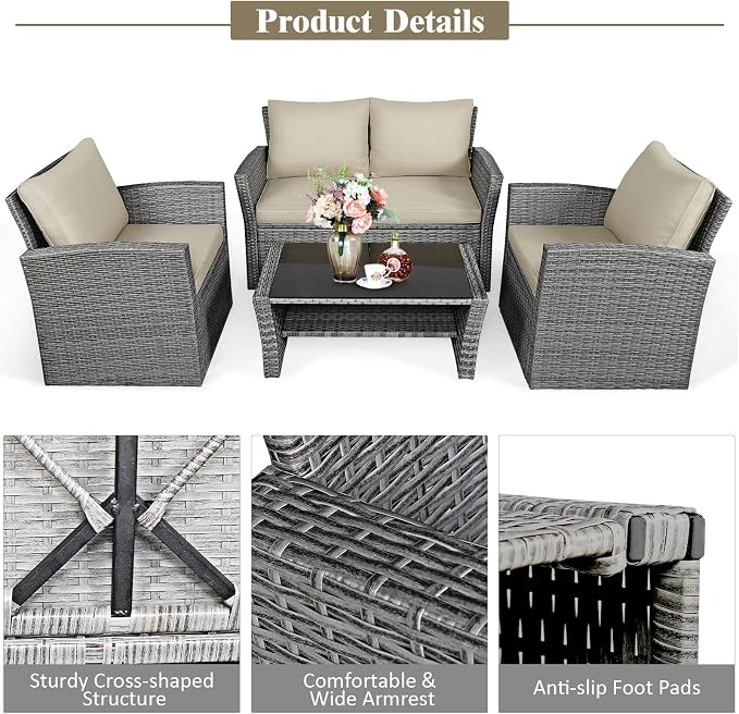 RELAX4LIFE 4-Piece Patio Conversation Seat - Wicker Sofa Set w/Seat & Back Cushions, Coffee Table w/Tempered Glass Tabletop, Outdoor Rattan Sofa Set for Backyard, Porch (Brown)