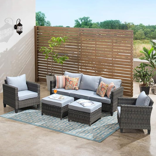 ovios 5 Pieces Patio Furniture Set, Outdoor Wicker Sofa Couch with Chairs Comfy Cushions, All Weather Grey Rattan Conversation Set for Backyard Deck Porch, Grey