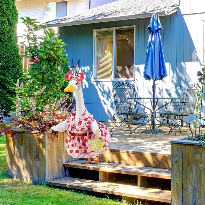 Summer Porch Goose Outfits for 23 Inch Lawn Statue | Strawberry Gril with Basket Costume for Plastic/Cement Statue, Spring Duck Sculpture Clothes for Yard Patio Party Decoration