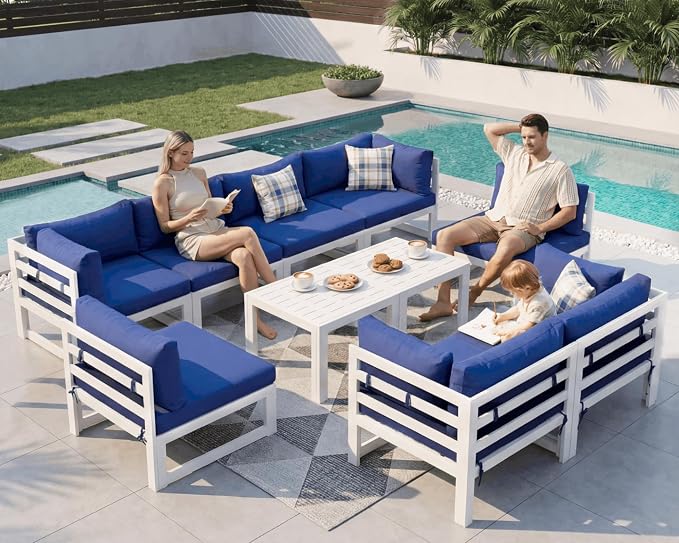 NICESOUL 8 Seat Large Modern Aluminum Outdoor Sofa, 29" Deep Wide Seated, 500 lbs Durable L Shaped Sectional Set for Heavy People, UV Resistant Modular Patio Furniture Set for Backyard Lawn, Navy Blue