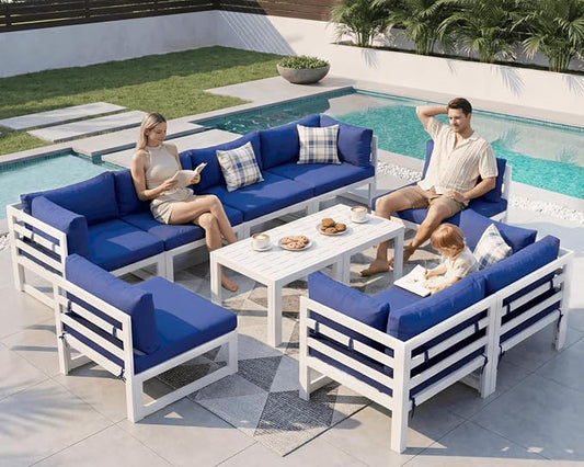 NICESOUL 8 Seat Large Modern Aluminum Outdoor Sofa, 29" Deep Wide Seated, 500 lbs Durable L Shaped Sectional Set for Heavy People, UV Resistant Modular Patio Furniture Set for Backyard Lawn, Navy Blue