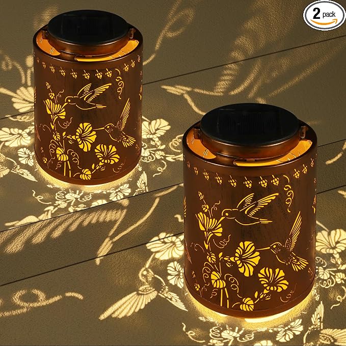 2 Pack Solar Lanterns Outdoor Waterproof Garden Decor Gifts for Women | Metal Hanging Solar Lights Decoration for Outside LED Lanterns for Yard Patio Birthday Gifts Mon Grandma （Hummingbirds）