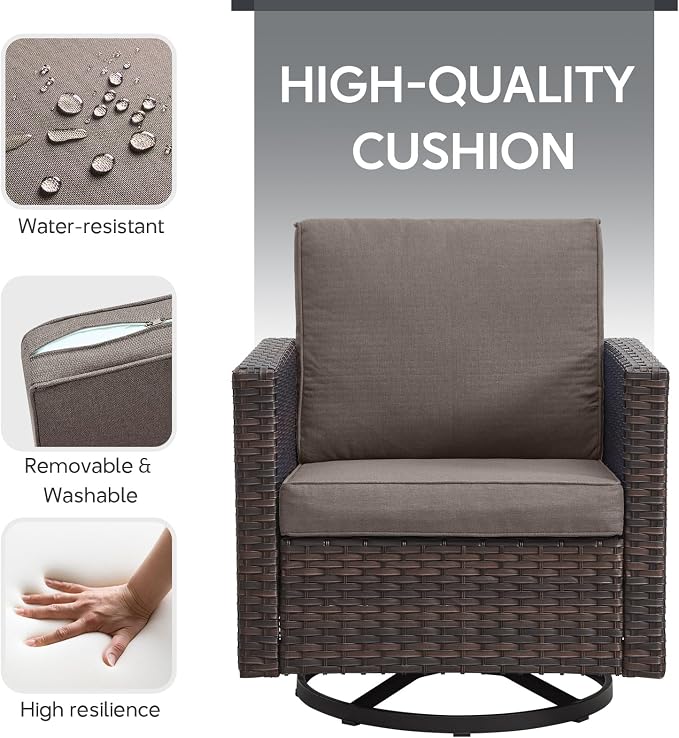5 Piece Wicker Patio Furniture Set - Outdoor Swivel Rocker Chairs Set with 3 Seat Sofa and Ottomans, Small Patio Conversation Sets Proch Furniture for Balcony Deck - Brown/Grey