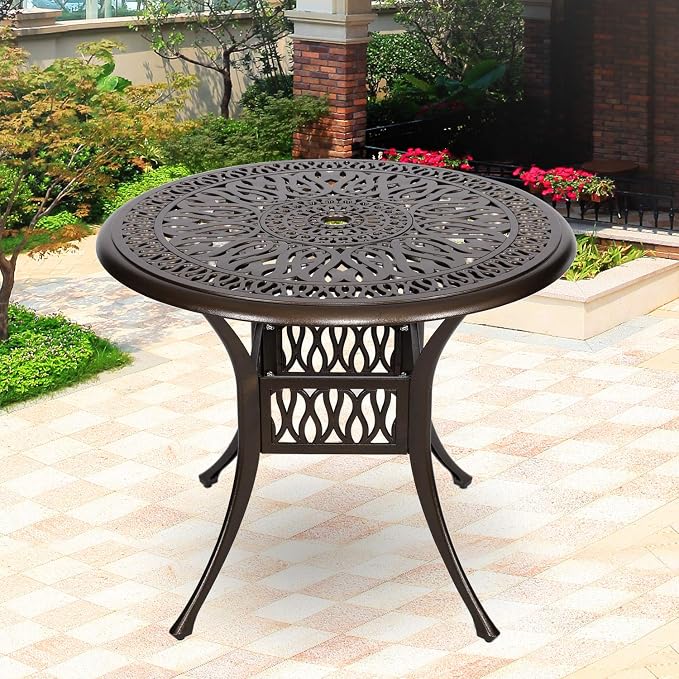 Puluomis 35” Round Cast Aluminum Dining Table, Outdoor Patio Retro Bistro Dining Table with 2” Umbrella Hole