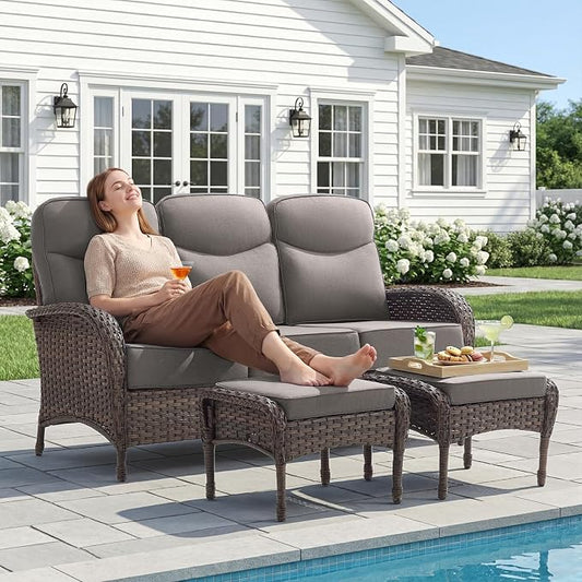 HUMMUH Outdoor Couch with 6-inch Thick Cushion, Luxury High Back Patio Furniture Set -Patio Sofa with Ottomans,3PCS Wicker Conversation Set for Deck Yard and Porch