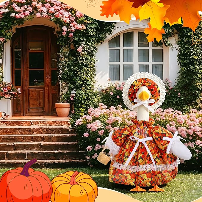 FuWeave Fall Porch Goose Outfit Maple Goose Costume Fancy Porch Geese Clothes with Wide Hat for 23" 17" Outdoor Patio
