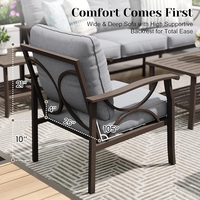 FansaFurn 6-Pieces Outdoor Patio Furniture Set, Outdoor Metal Sectional Furniture with Cushions, Outdoor Conversation Seating Set with Coffee Table for Garden, Balcony, Deck, Backyard, Grey