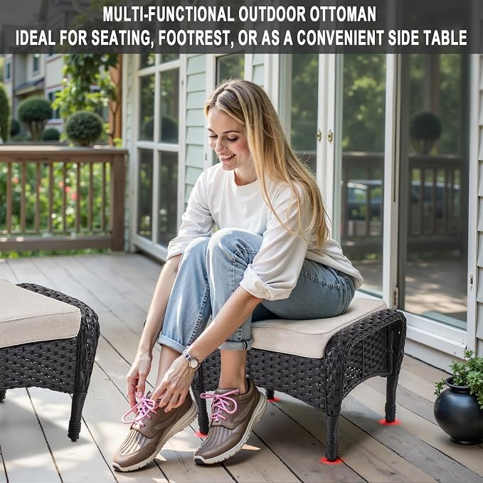 Belord Outdoor Ottomans for Patio Foot Rest - 25 Inch PE Wicker Foot Stool Set of 2 with Removable Cushions for Patio Furniture Sets,All Weather Rattan Ottoman for Balcony Backyard Black/Beige