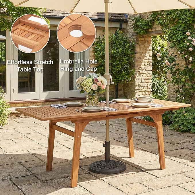 SUNSITT 7-Piece Outdoor Patio Dining Set, 55" - 71" Acacia Wood Expandable Outdoor Table Set with Umbrella Hole, 6 Curved Patio Arm Chairs w/Removable Cushions for Backyard, Porch, Deck