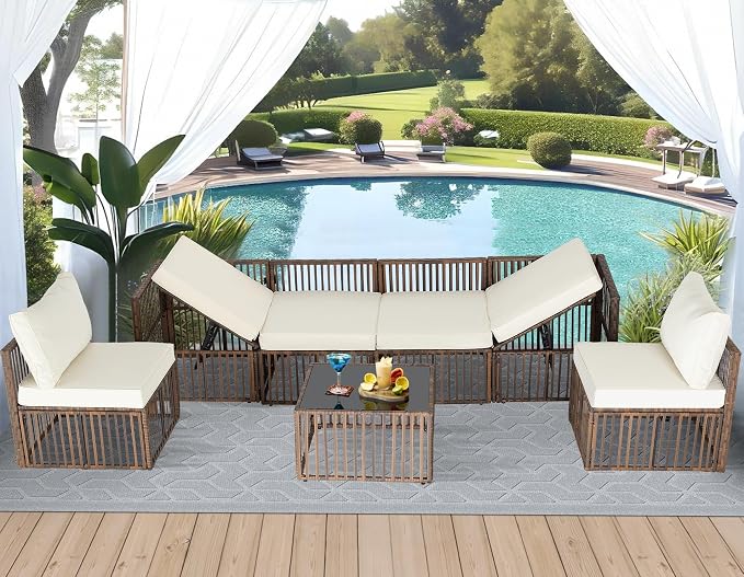 FHFO 7 Piece Outdoor Wicker Patio Furniture Set, Brown/Beige | Sectional Sofa | All-Weather Hand-Woven Rattan | Tempered Glass Coffee Table | Adjustable Backrest | Indoor & Outdoor Use