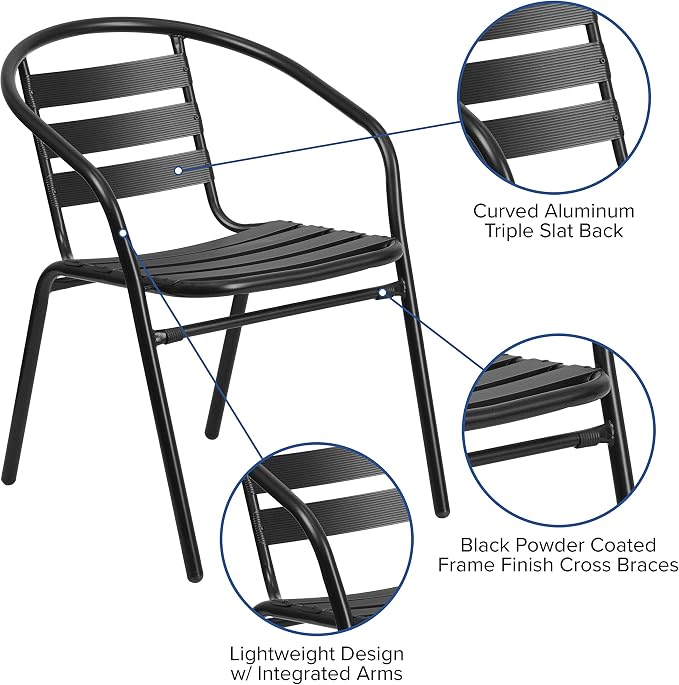 BizChair 5 Piece Outdoor Patio Dining Set - 4 Black Metal Aluminum Slat Stack Chairs - 55" Tempered Glass Patio Table with Umbrella Hole