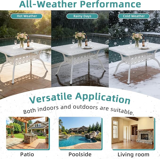 MEETWARM Outdoor 60" Rectangular Patio Dining Table, All Weather Cast Aluminum Large Patio Furniture Table Fits for 6-8 Person with 2" Umbrella Hole, White