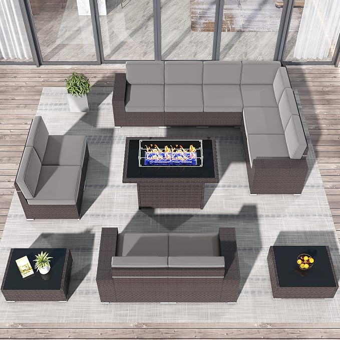 13 Pieces Patio Furniture Set with 44" Propane Gas Fire Pit Table, Outdoor Sectional Brown Rattan Wicker Conversation Sofa Sets with Coffee Table