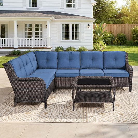Belord Patio Furniture Set 6 Seats, Oversized Outdoor Sectional Couch, Two 3-Seater Sofas with Coffee Table, Patio Conversation Sets,Ideal for Porch, Deck, Brown Wicker/Blue
